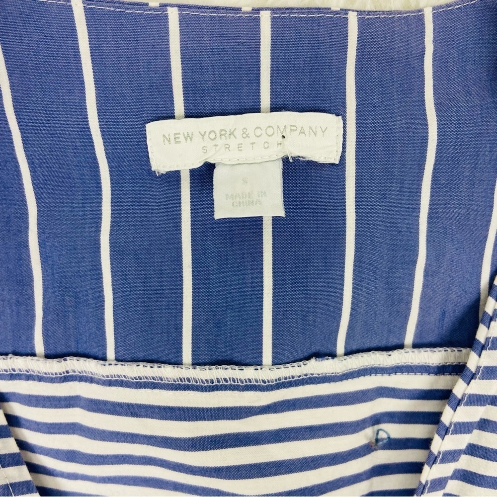 NEW YORK & COMPANY navy & white striped tie waist wrap puff sleeve blouse SZ S - Picture 14 of 14